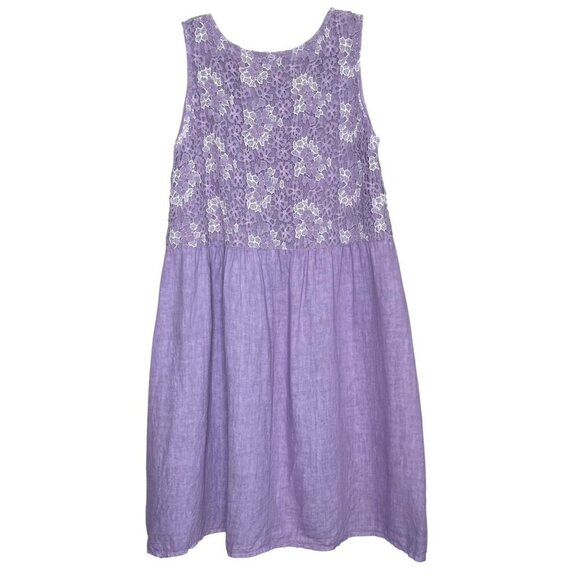 100% Lino Made in Italy Lilac Linen Midi Dress w/ Lace Top & Pockets - Picture 3 of 10